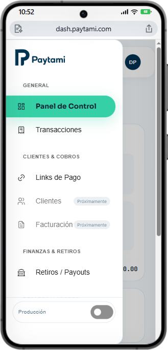 Panel de control de Paytami en dispositivo móvil